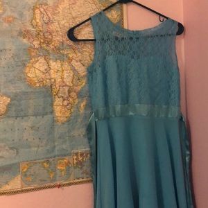 Long Blue Ballroom Dancing Dress and floral design